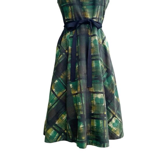 Anthropologie Maeve Dress 0 Green Painted Plaid Fit & Flare Belt Petticoat Swift - Picture 3 of 8
